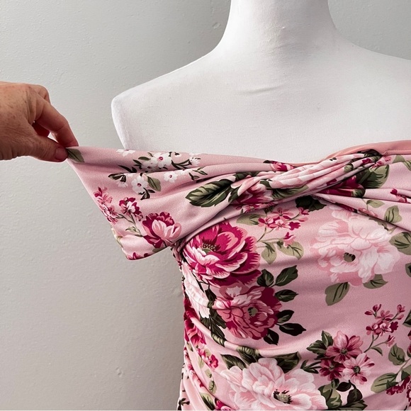 Pink Floral Off Shoulder Ruched Maternity Midi Dress size 6 - Picture 6 of 16